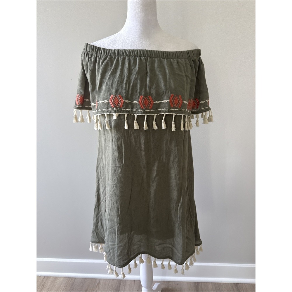 Miami Women's Embroidered Tassled Boho Olive Green Miami Dress Small Southwest